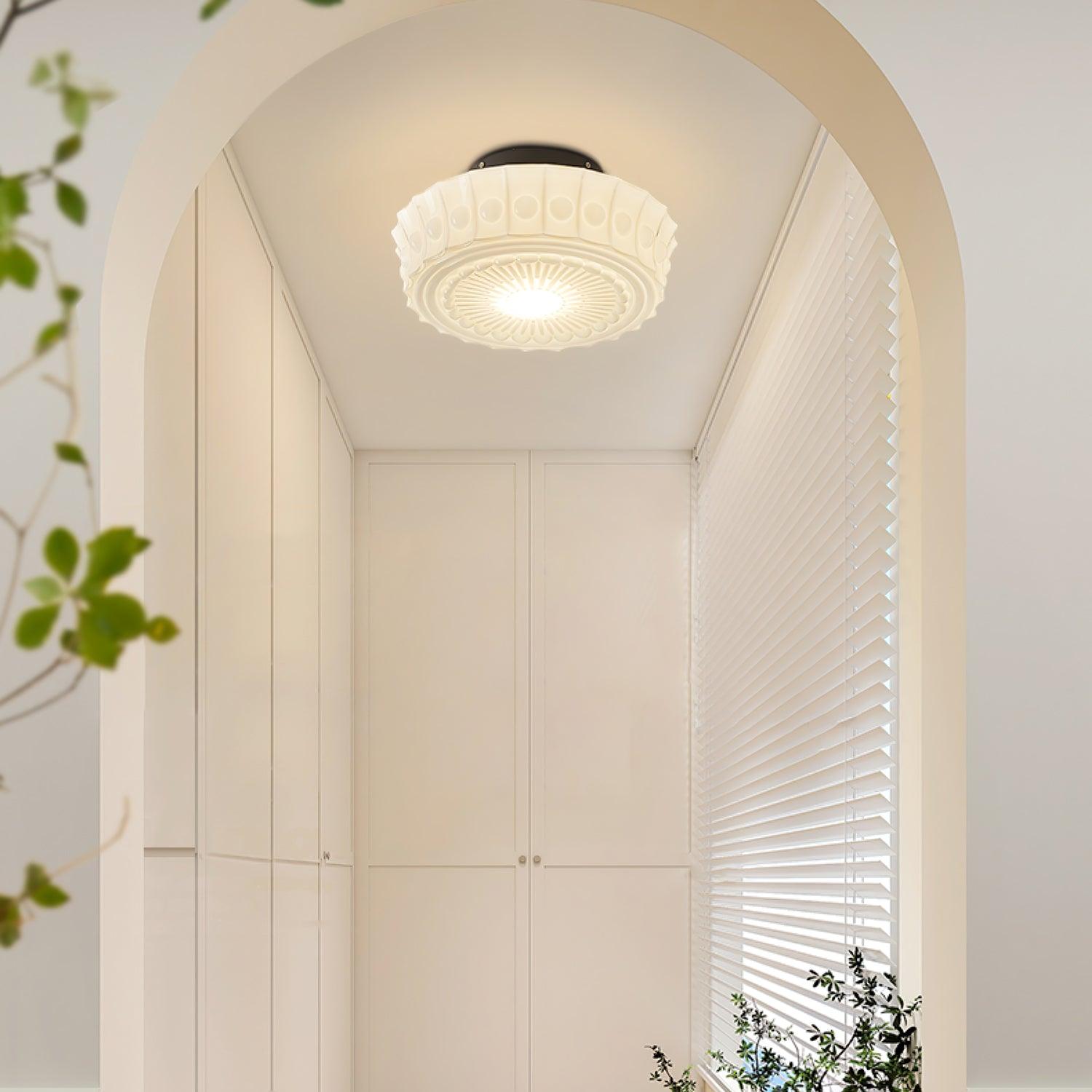 Flush Mount Ceiling Lamp Art Deco with Ornate Glass Shade and Hardwired Fitting