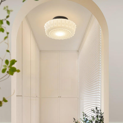 Flush Mount Ceiling Lamp Art Deco with Ornate Glass Shade and Hardwired Fitting