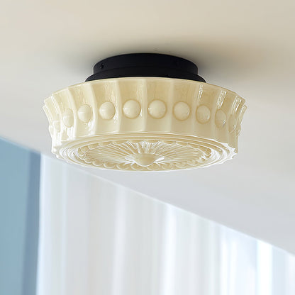Flush Mount Ceiling Lamp Art Deco with Ornate Glass Shade and Hardwired Fitting