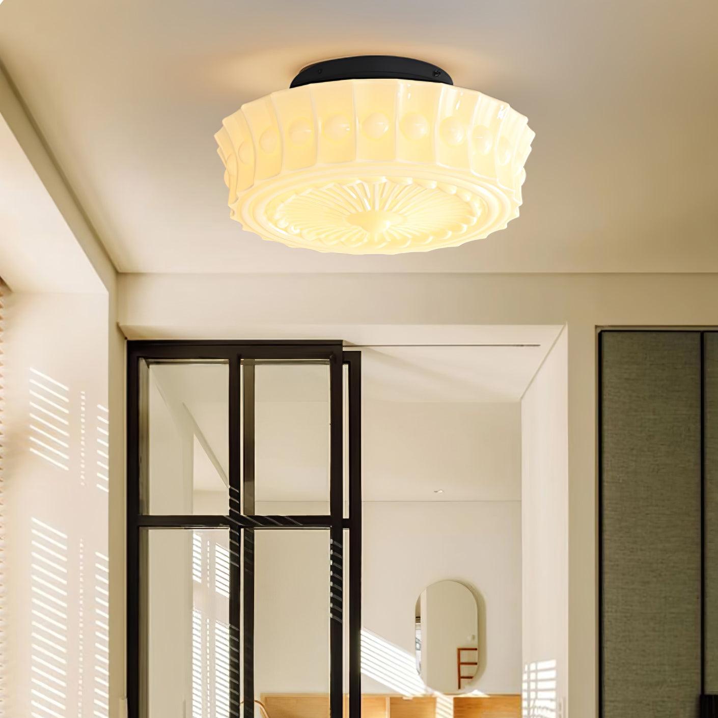 Flush Mount Ceiling Lamp Art Deco with Ornate Glass Shade and Hardwired Fitting