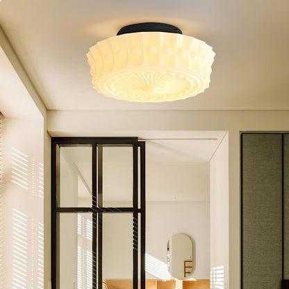 Flush Mount Ceiling Lamp Art Deco with Ornate Glass Shade and Hardwired Fitting