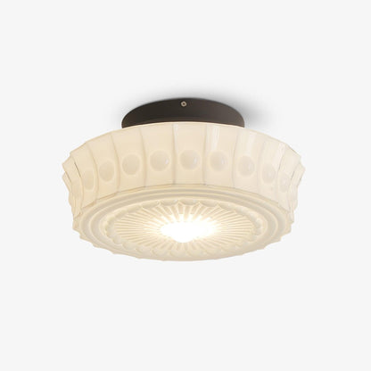 Flush Mount Ceiling Lamp Art Deco with Ornate Glass Shade and Hardwired Fitting
