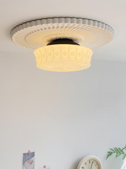 Flush Mount Ceiling Lamp Art Deco with Ornate Glass Shade and Hardwired Fitting