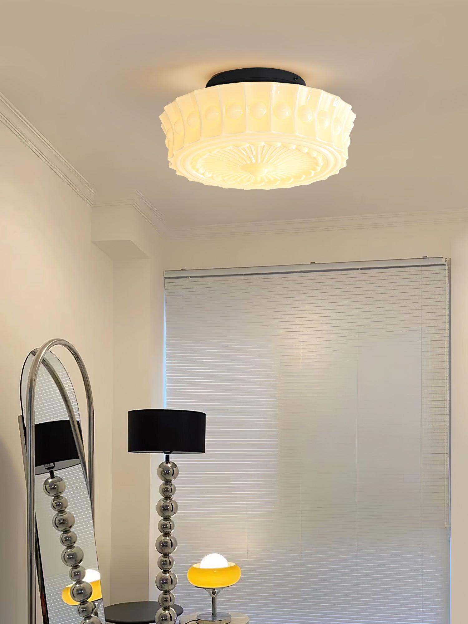 Flush Mount Ceiling Lamp Art Deco with Ornate Glass Shade and Hardwired Fitting