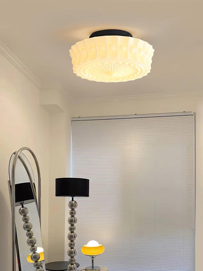 Flush Mount Ceiling Lamp Art Deco with Ornate Glass Shade and Hardwired Fitting