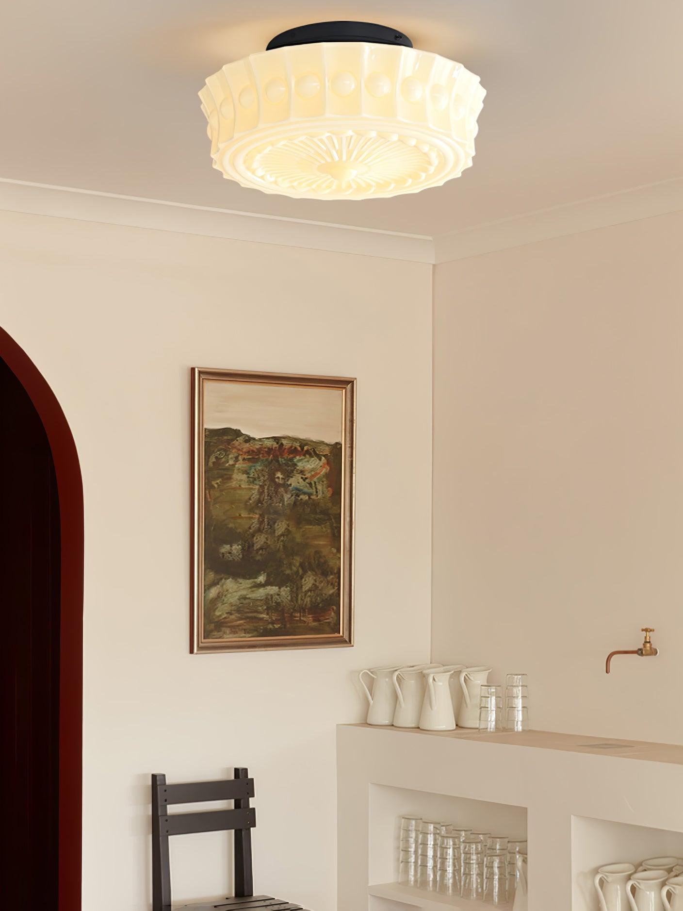 Flush Mount Ceiling Lamp Art Deco with Ornate Glass Shade and Hardwired Fitting