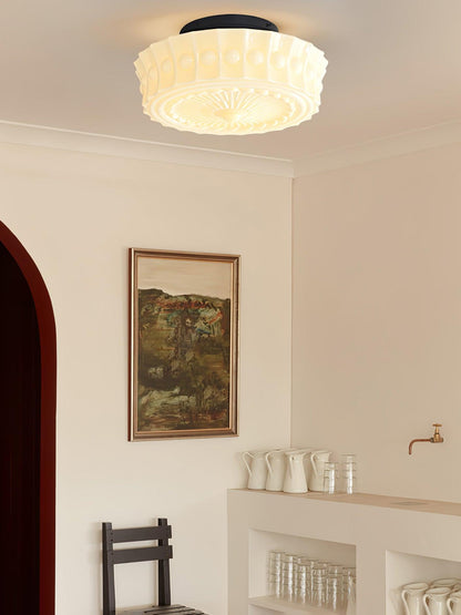 Flush Mount Ceiling Lamp Art Deco with Ornate Glass Shade and Hardwired Fitting