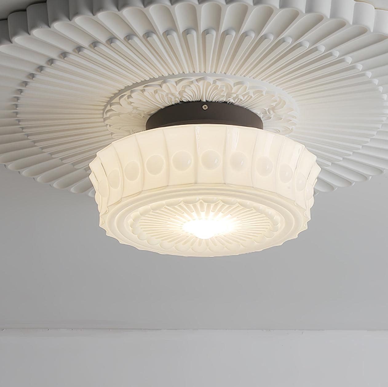 Flush Mount Ceiling Lamp Art Deco with Ornate Glass Shade and Hardwired Fitting