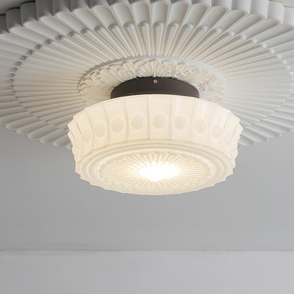 Flush Mount Ceiling Lamp Art Deco with Ornate Glass Shade and Hardwired Fitting