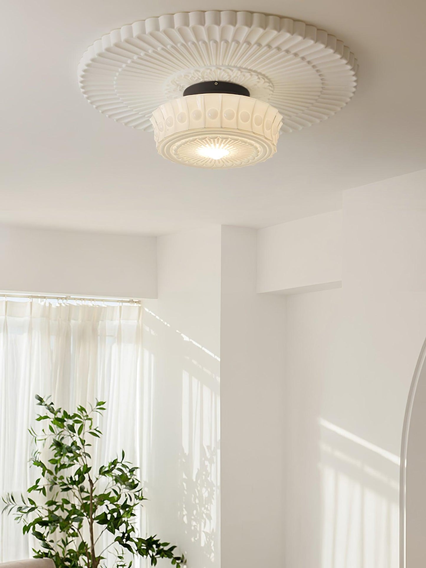 Flush Mount Ceiling Lamp Art Deco with Ornate Glass Shade and Hardwired Fitting