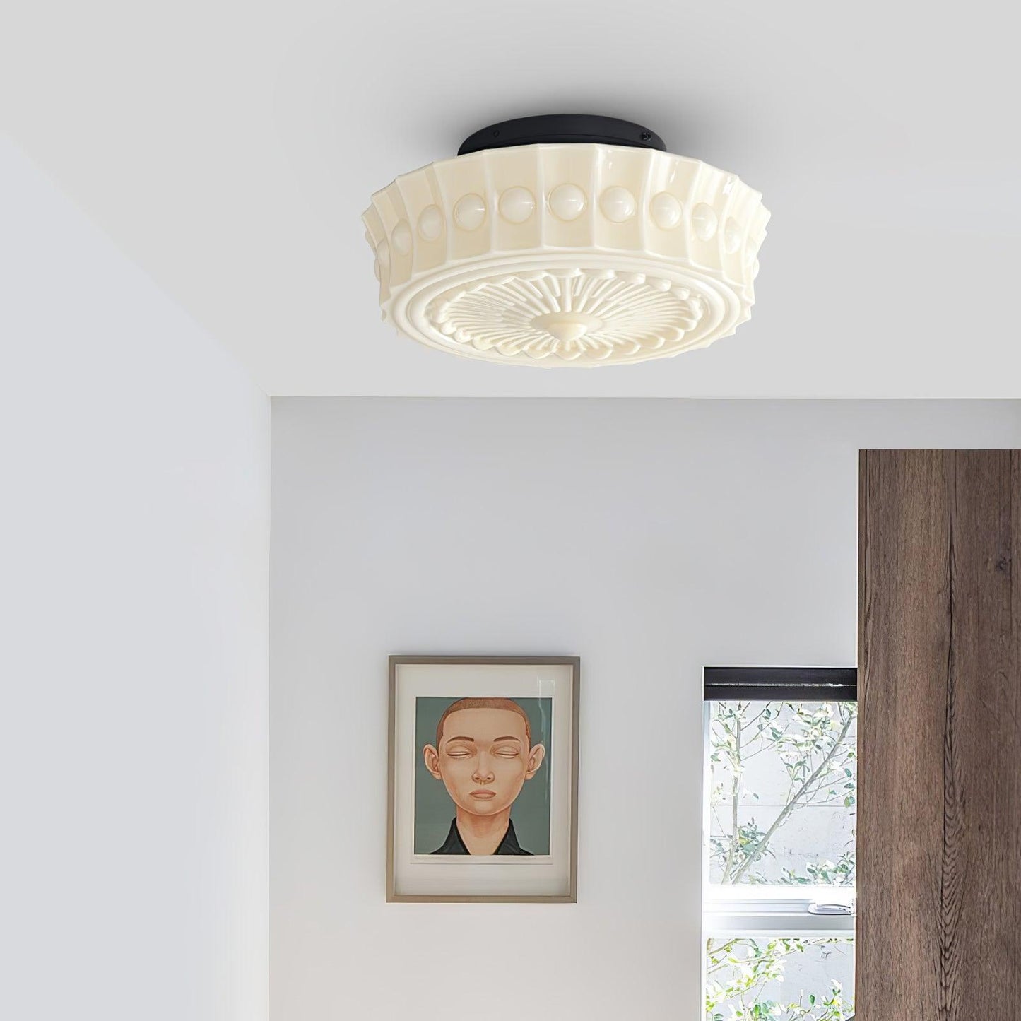 Flush Mount Ceiling Lamp Art Deco with Ornate Glass Shade and Hardwired Fitting