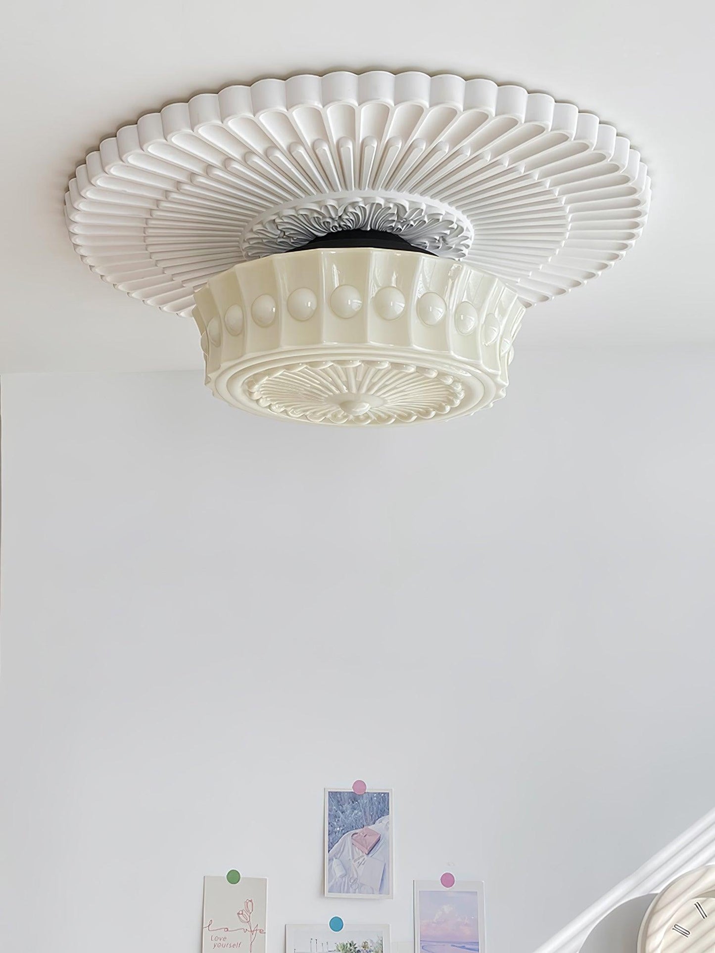 Flush Mount Ceiling Lamp Art Deco with Ornate Glass Shade and Hardwired Fitting