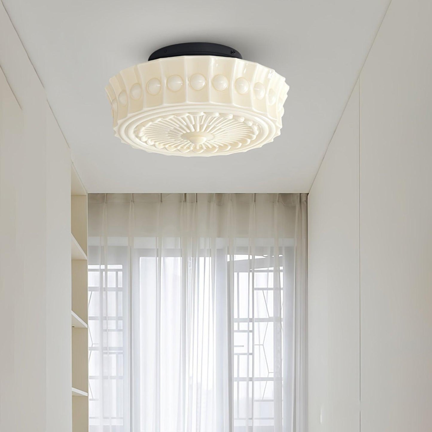 Flush Mount Ceiling Lamp Art Deco with Ornate Glass Shade and Hardwired Fitting