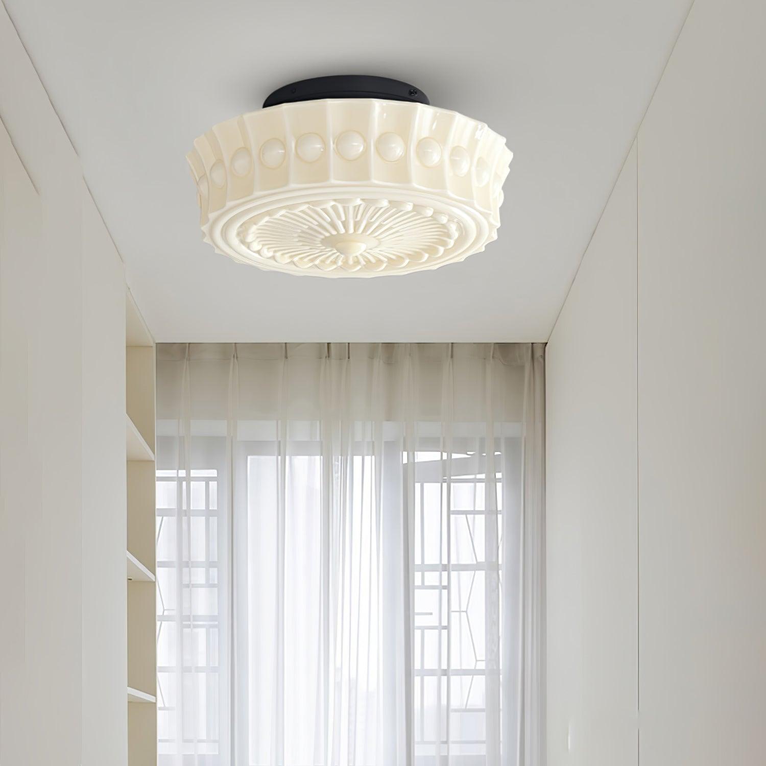 Flush Mount Ceiling Lamp Art Deco with Ornate Glass Shade and Hardwired Fitting