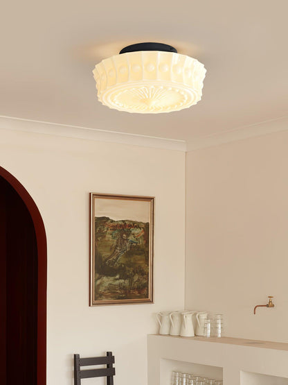 Flush Mount Ceiling Lamp Art Deco with Ornate Glass Shade and Hardwired Fitting