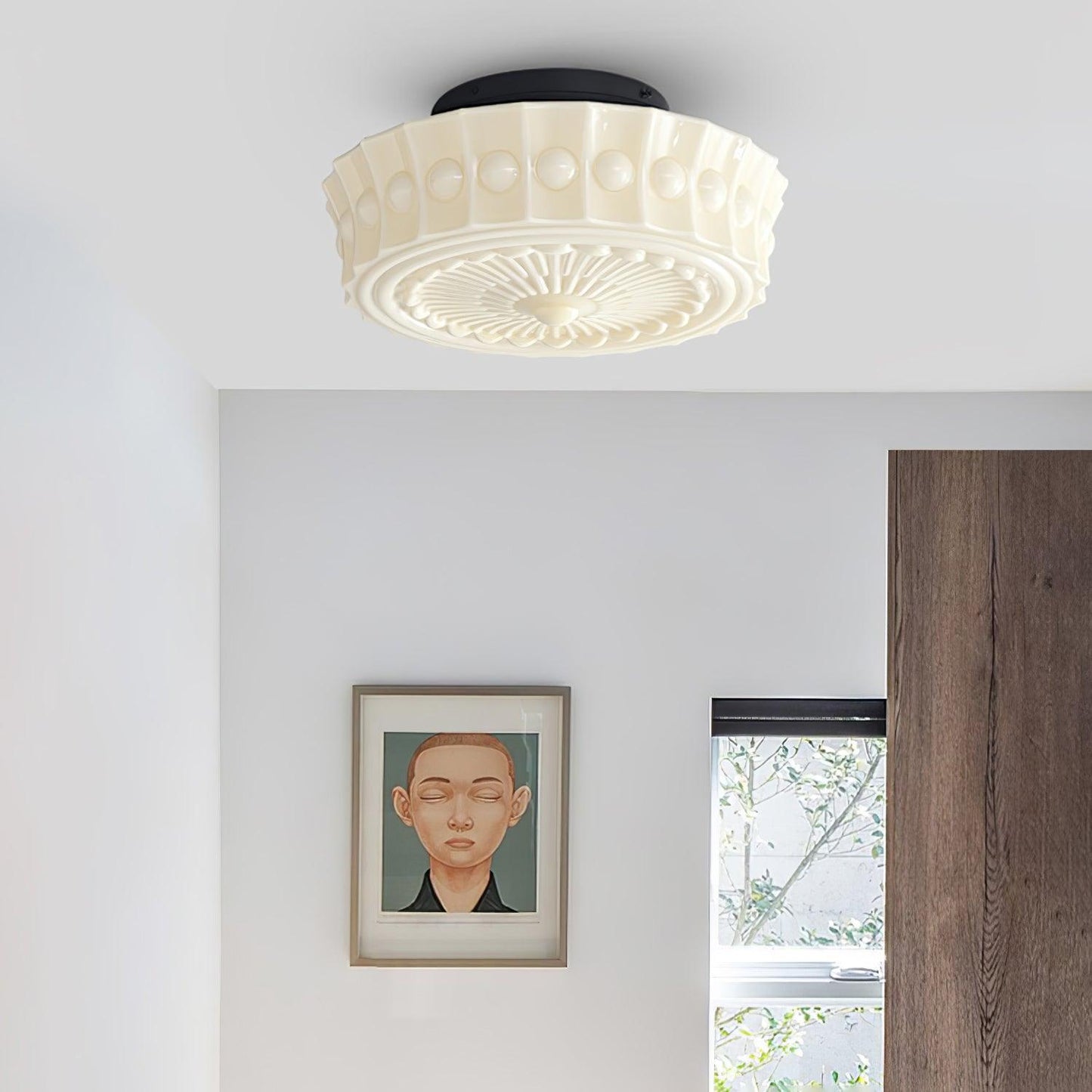 Flush Mount Ceiling Lamp Art Deco with Ornate Glass Shade and Hardwired Fitting