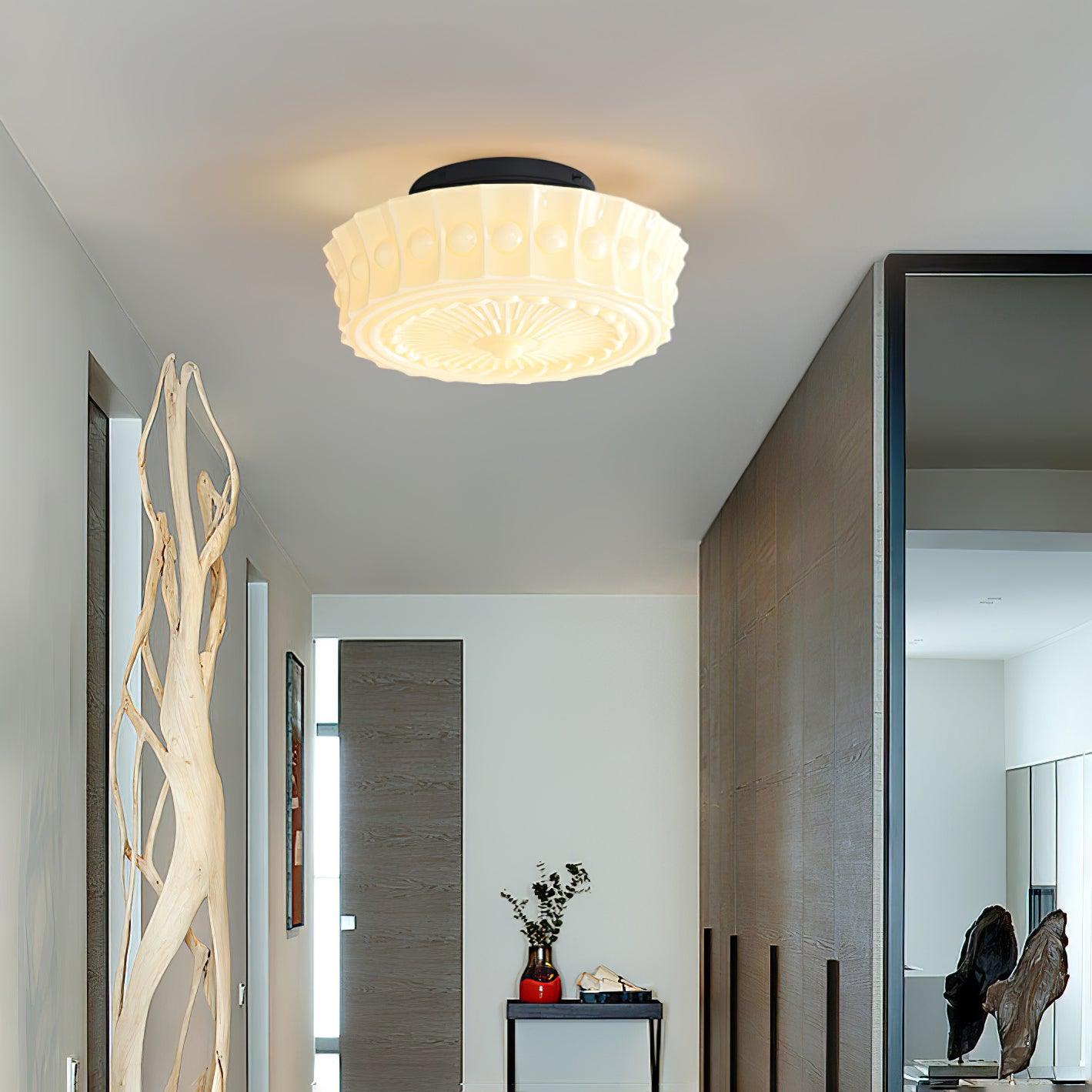 Flush Mount Ceiling Lamp Art Deco with Ornate Glass Shade and Hardwired Fitting