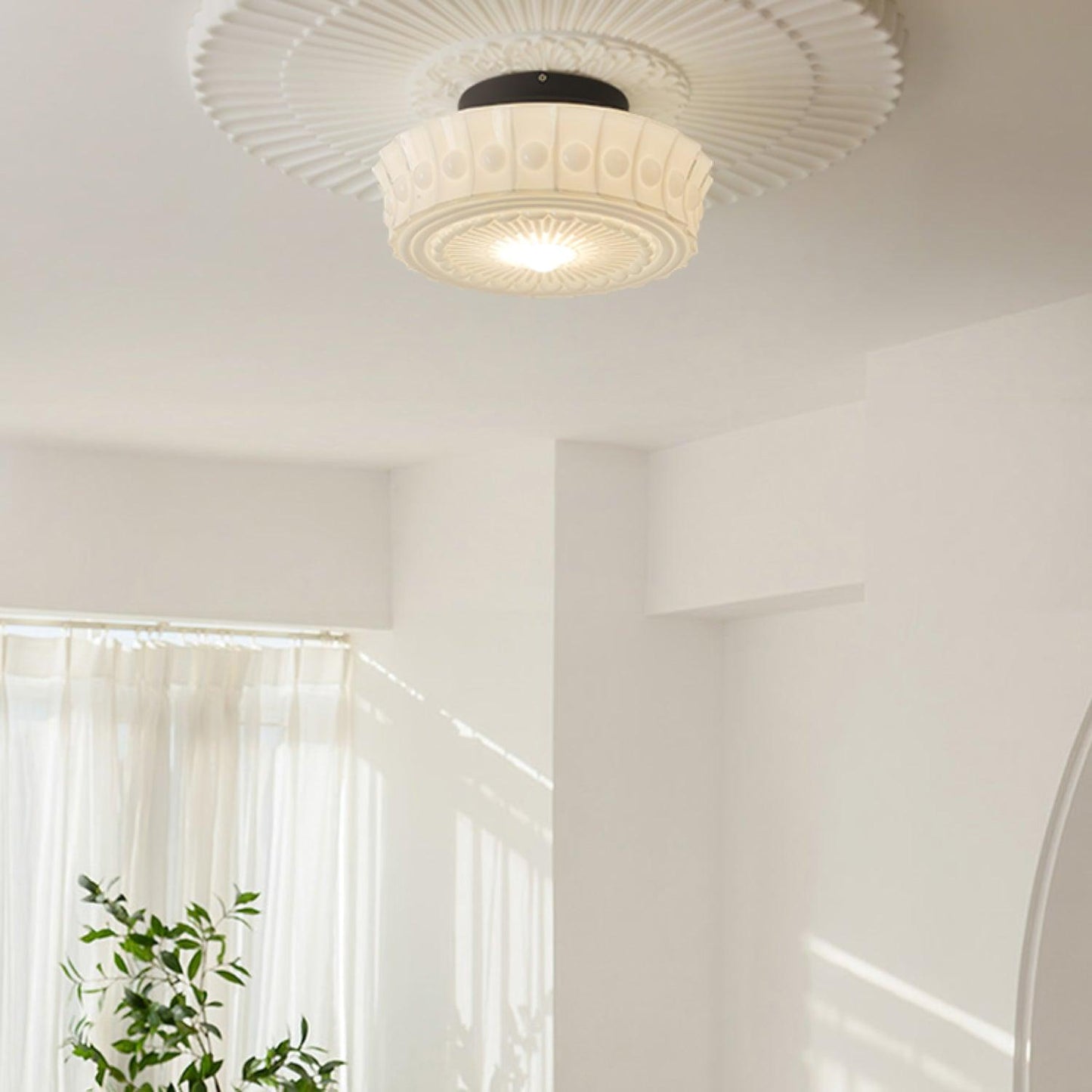 Flush Mount Ceiling Lamp Art Deco with Ornate Glass Shade and Hardwired Fitting