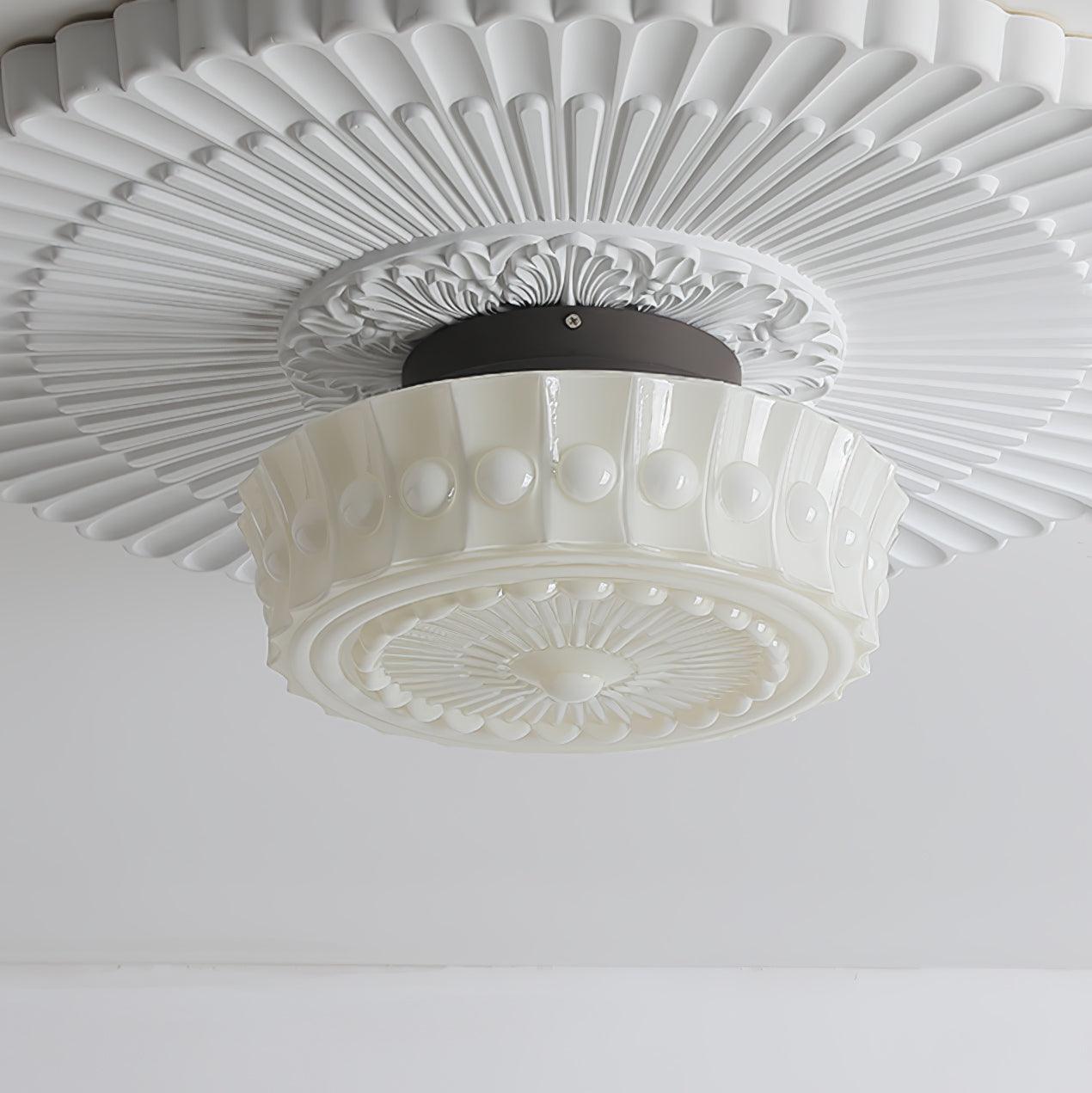 Flush Mount Ceiling Lamp Art Deco with Ornate Glass Shade and Hardwired Fitting