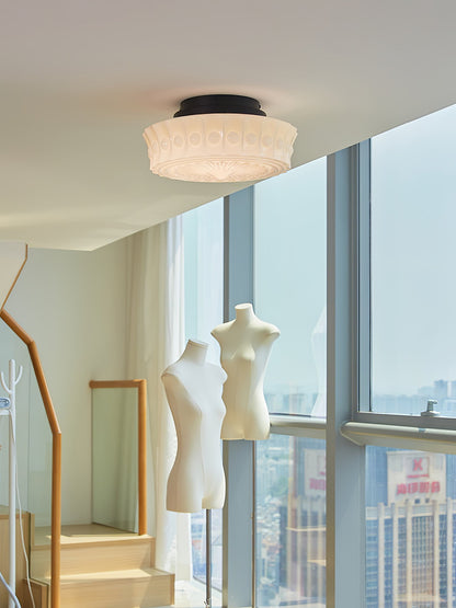 Flush Mount Ceiling Lamp Art Deco with Ornate Glass Shade and Hardwired Fitting