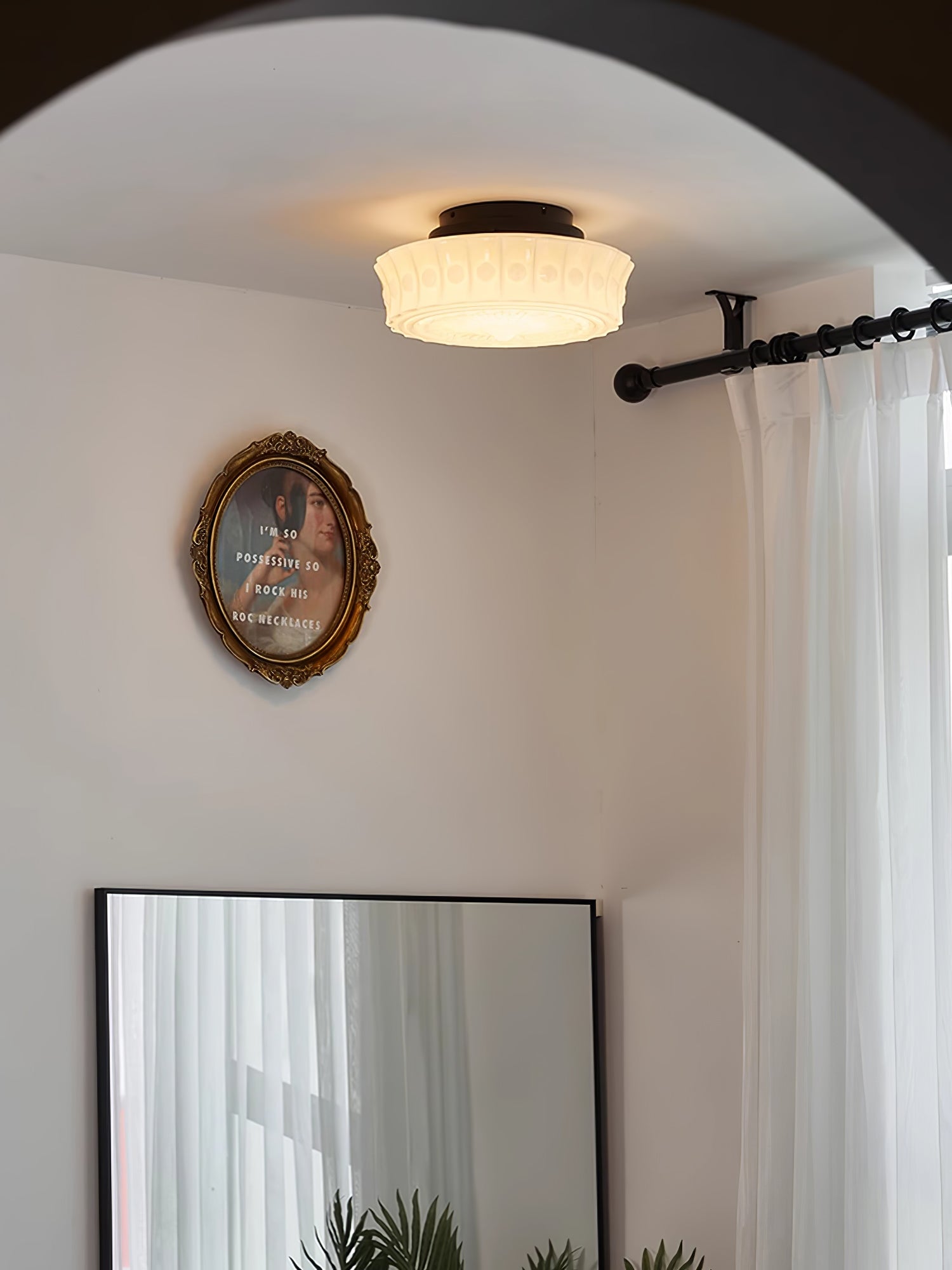 Flush Mount Ceiling Lamp Art Deco with Ornate Glass Shade and Hardwired Fitting