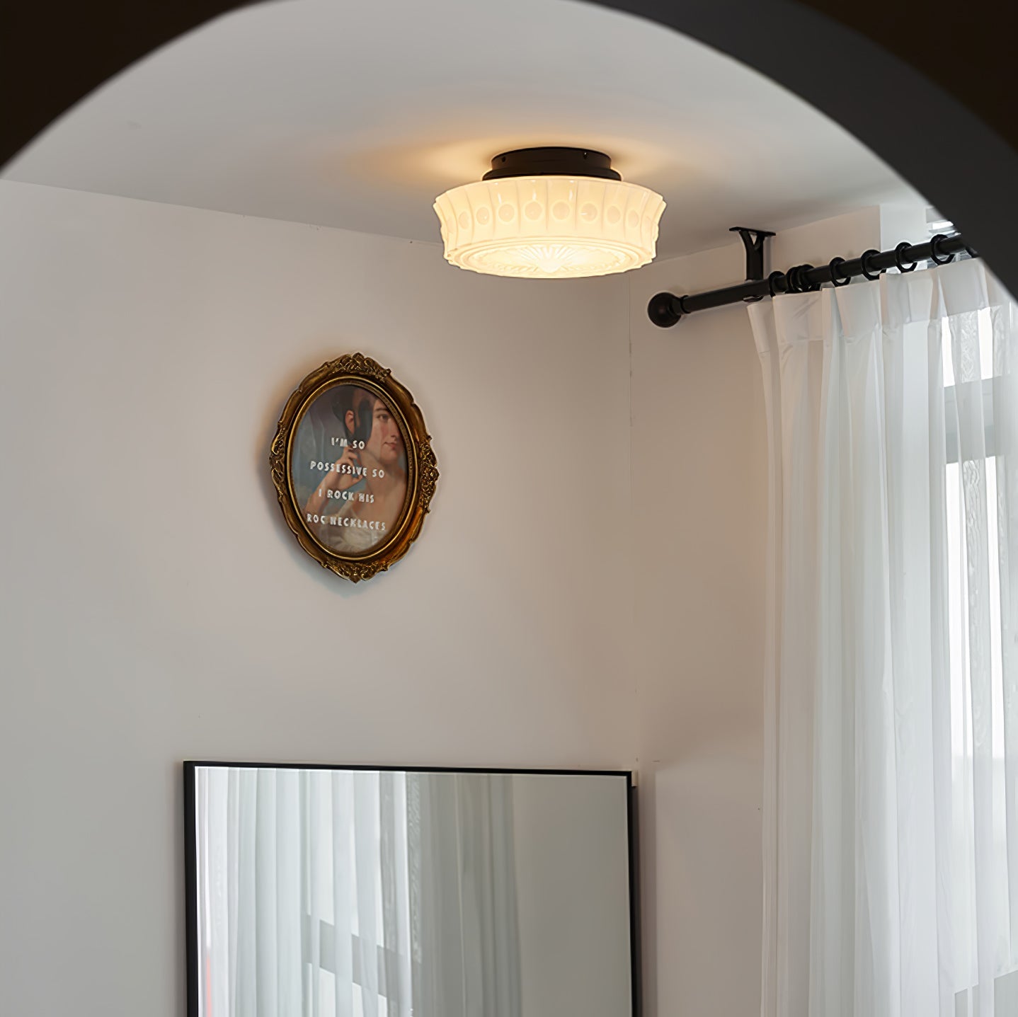 Flush Mount Ceiling Lamp Art Deco with Ornate Glass Shade and Hardwired Fitting