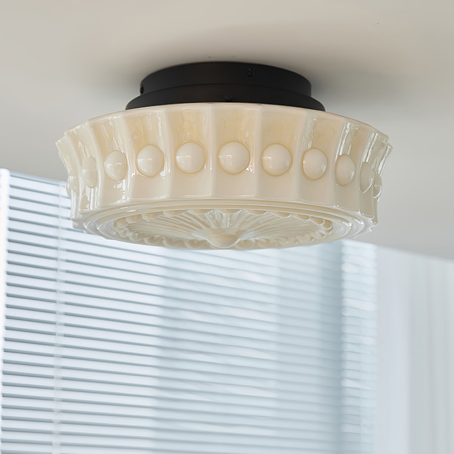 Flush Mount Ceiling Lamp Art Deco with Ornate Glass Shade and Hardwired Fitting