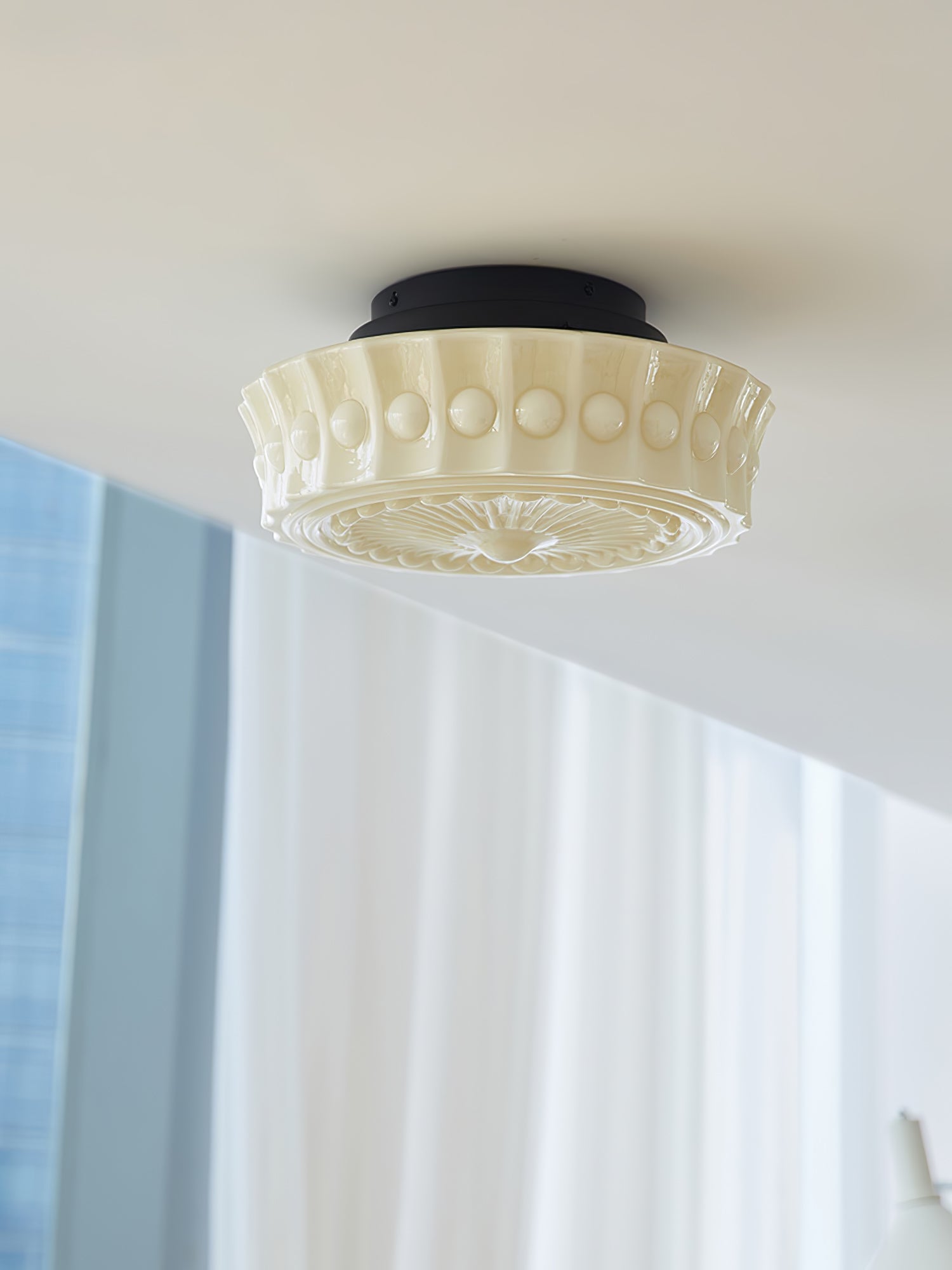 Flush Mount Ceiling Lamp Art Deco with Ornate Glass Shade and Hardwired Fitting