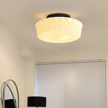Flush Mount Ceiling Lamp Art Deco with Ornate Glass Shade and Hardwired Fitting
