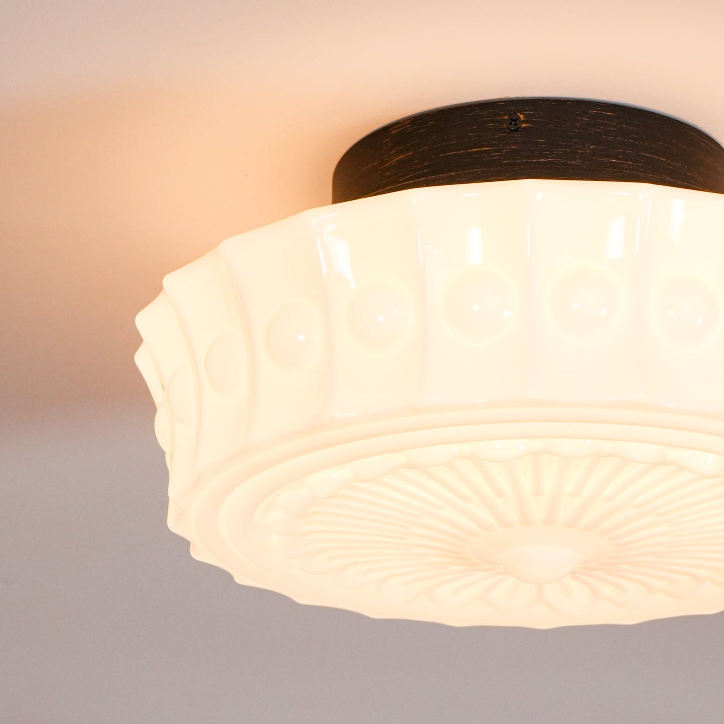 Flush Mount Ceiling Lamp Art Deco with Ornate Glass Shade and Hardwired Fitting