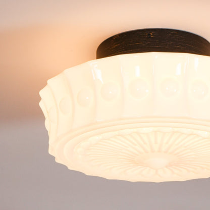 Flush Mount Ceiling Lamp Art Deco with Ornate Glass Shade and Hardwired Fitting