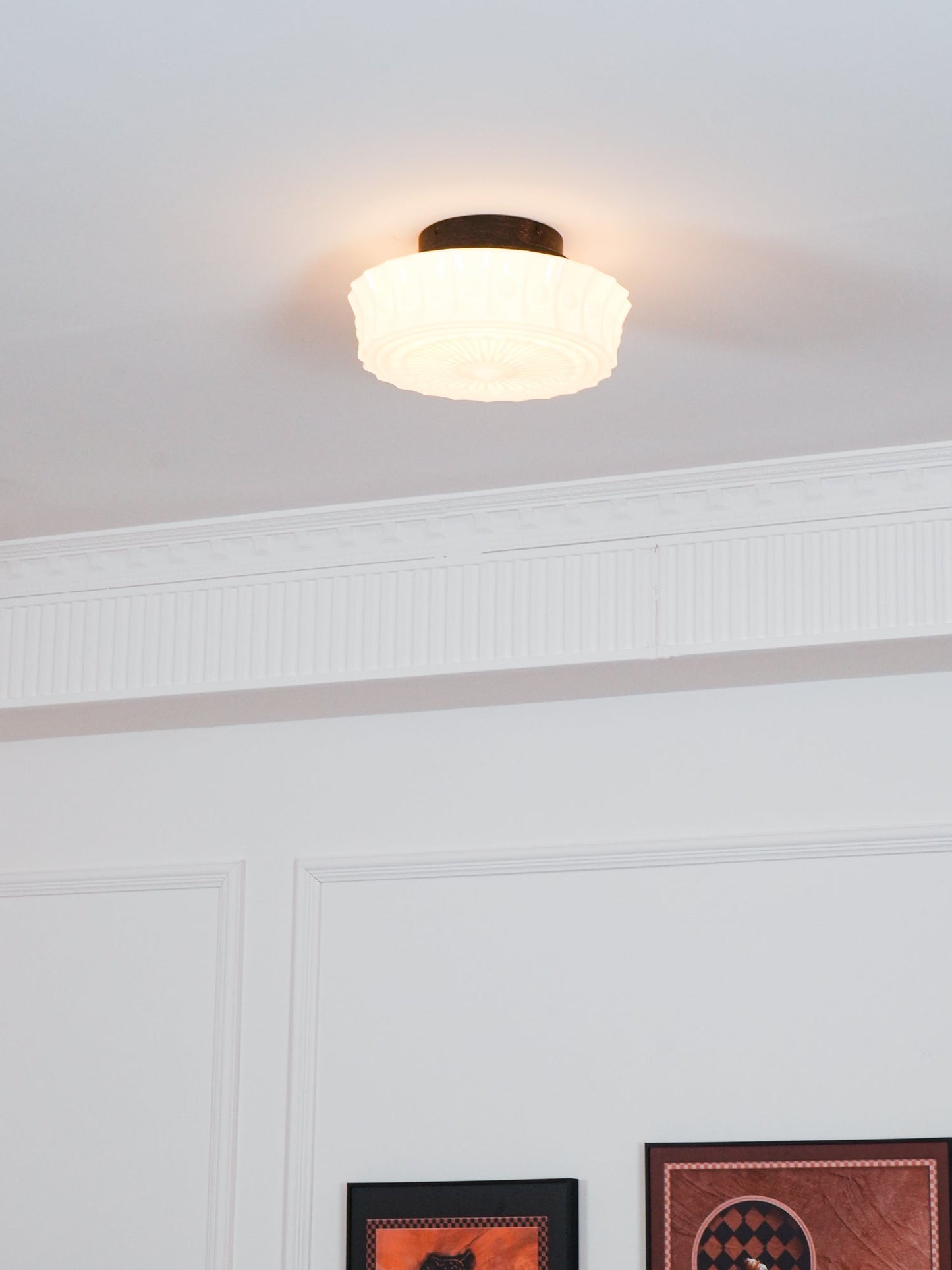 Flush Mount Ceiling Lamp Art Deco with Ornate Glass Shade and Hardwired Fitting