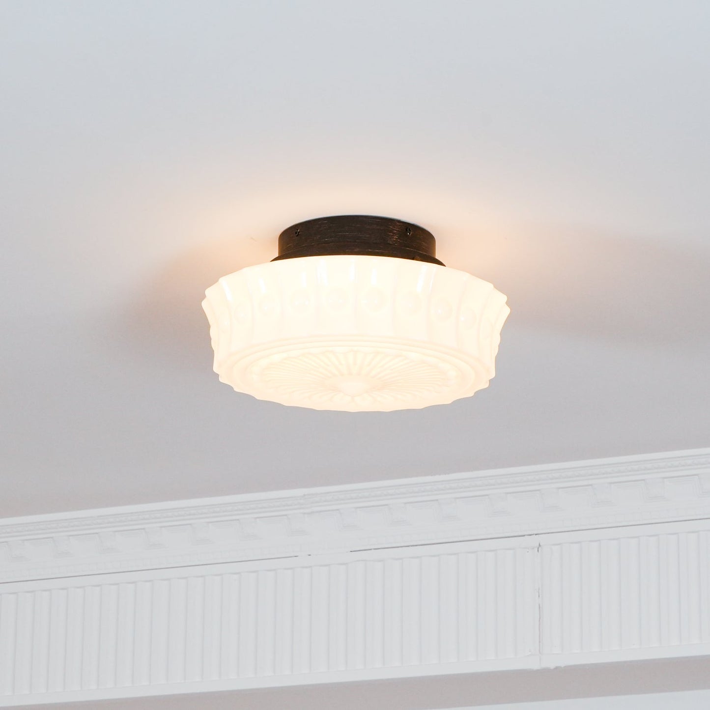 Flush Mount Ceiling Lamp Art Deco with Ornate Glass Shade and Hardwired Fitting