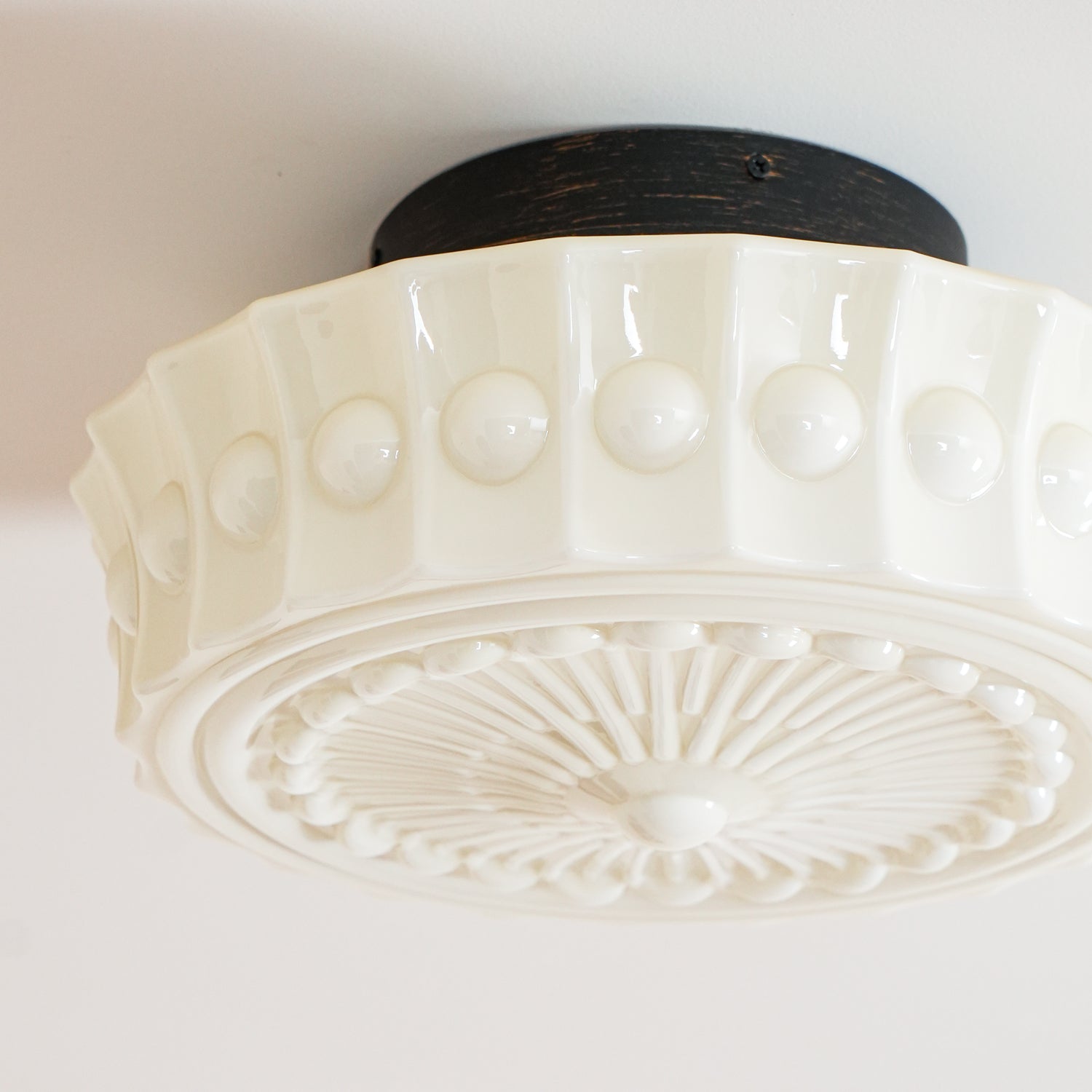 Flush Mount Ceiling Lamp Art Deco with Ornate Glass Shade and Hardwired Fitting