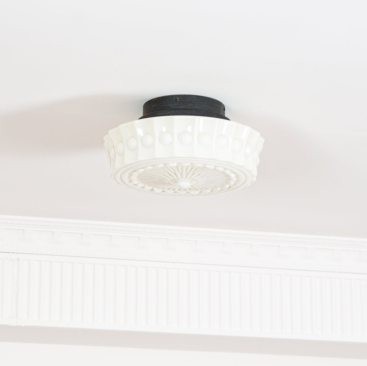 Flush Mount Ceiling Lamp Art Deco with Ornate Glass Shade and Hardwired Fitting