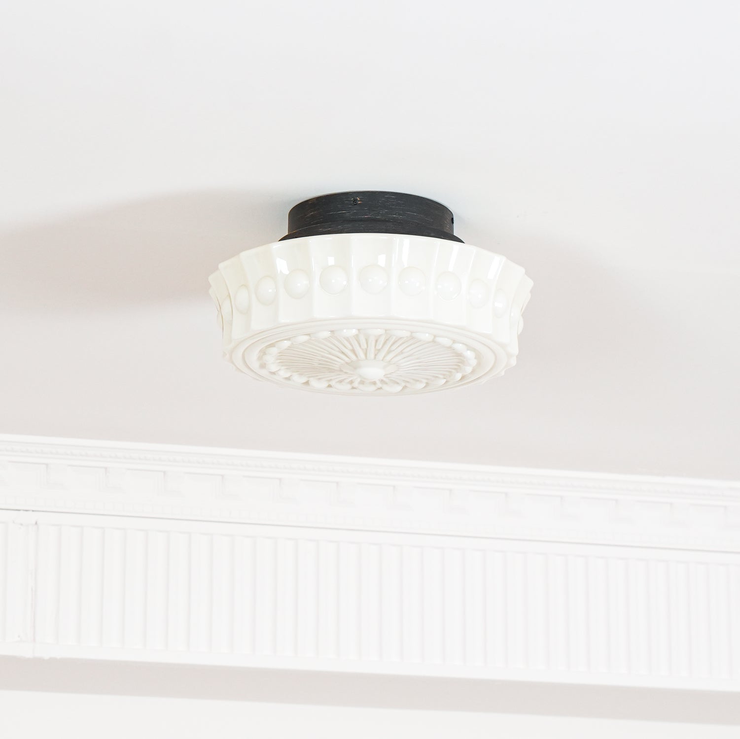 Flush Mount Ceiling Lamp Art Deco with Ornate Glass Shade and Hardwired Fitting