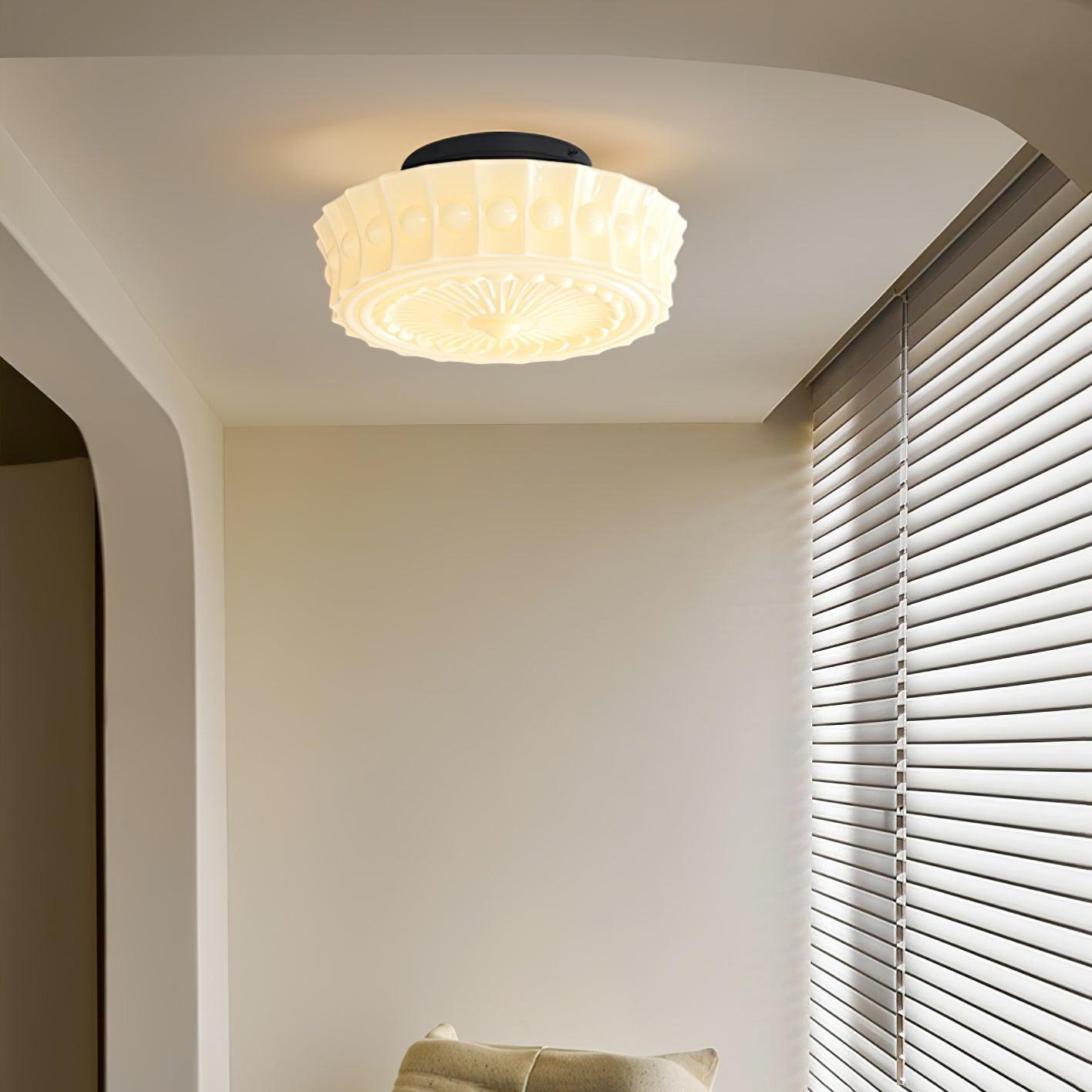 Flush Mount Ceiling Lamp Art Deco with Ornate Glass Shade and Hardwired Fitting