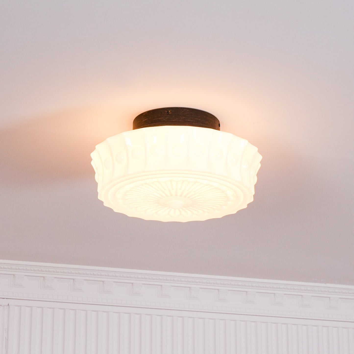 Flush Mount Ceiling Lamp Art Deco with Ornate Glass Shade and Hardwired Fitting