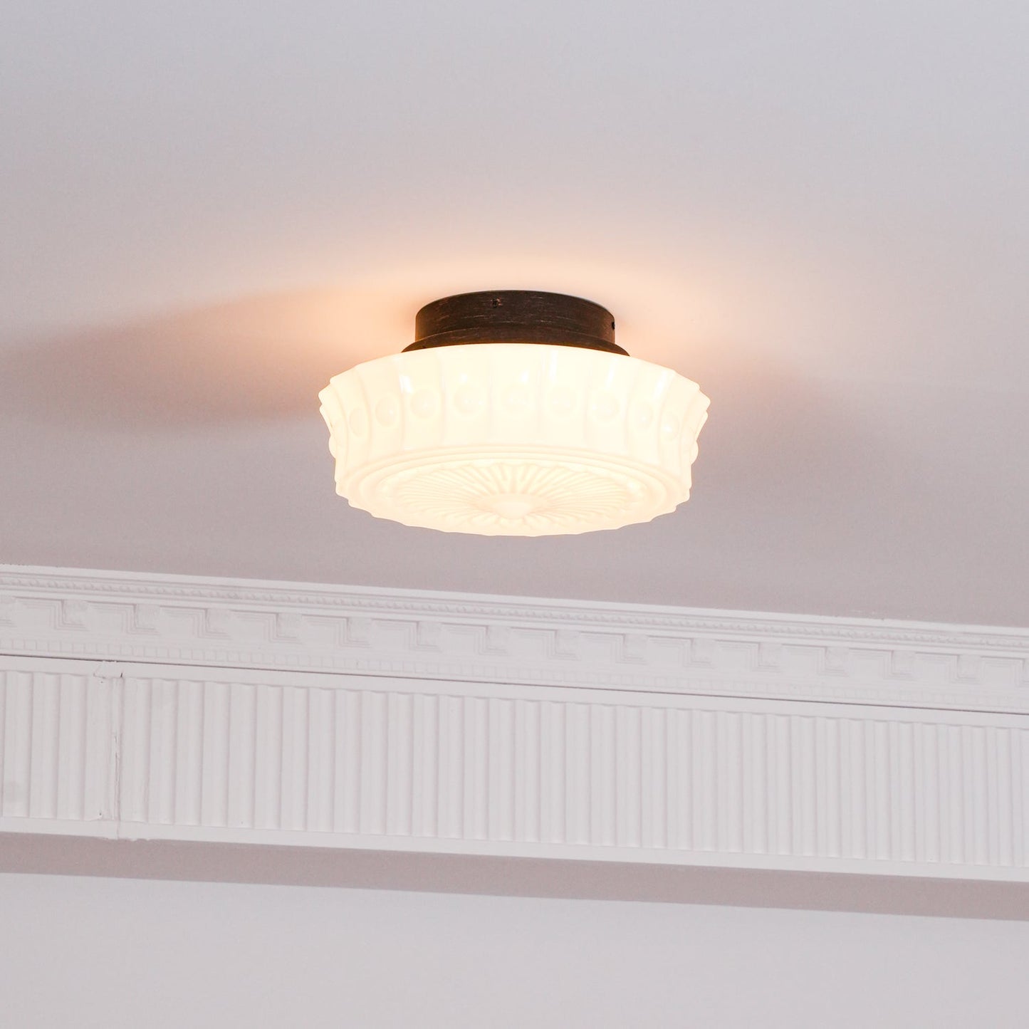 Flush Mount Ceiling Lamp Art Deco with Ornate Glass Shade and Hardwired Fitting