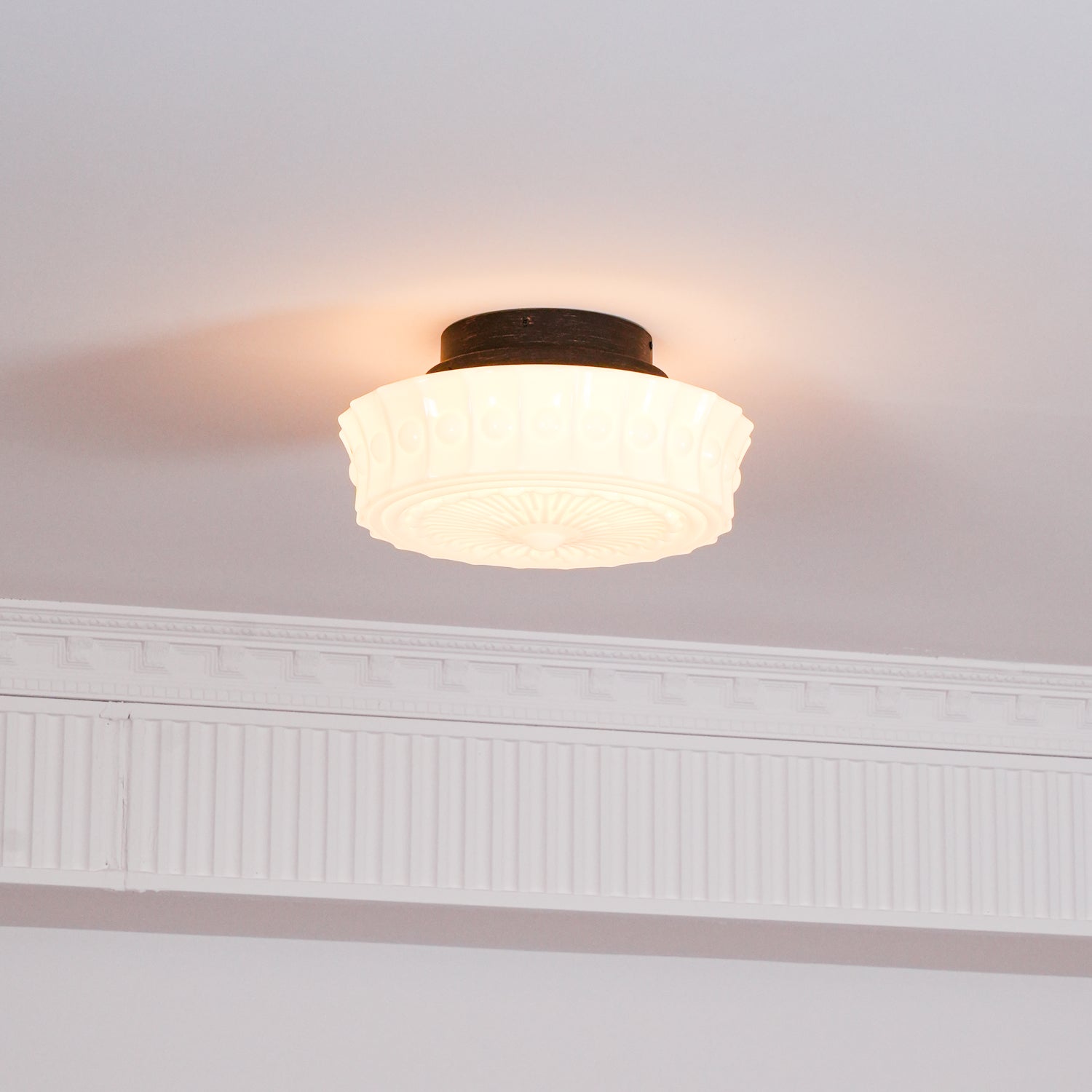 Flush Mount Ceiling Lamp Art Deco with Ornate Glass Shade and Hardwired Fitting