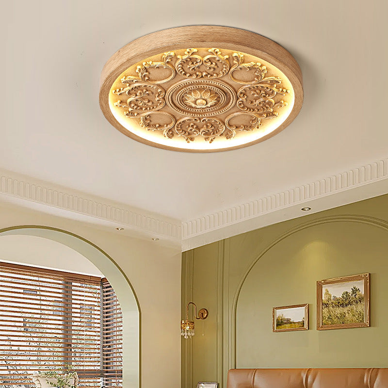 Flush Mount Ceiling Light Art Deco with Carved Floral Panel and Integrated LED