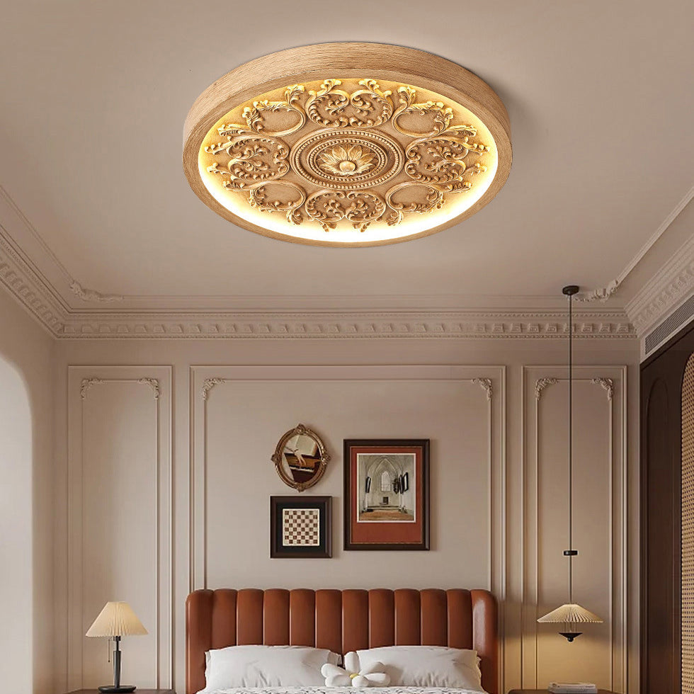 Flush Mount Ceiling Light Art Deco with Carved Floral Panel and Integrated LED