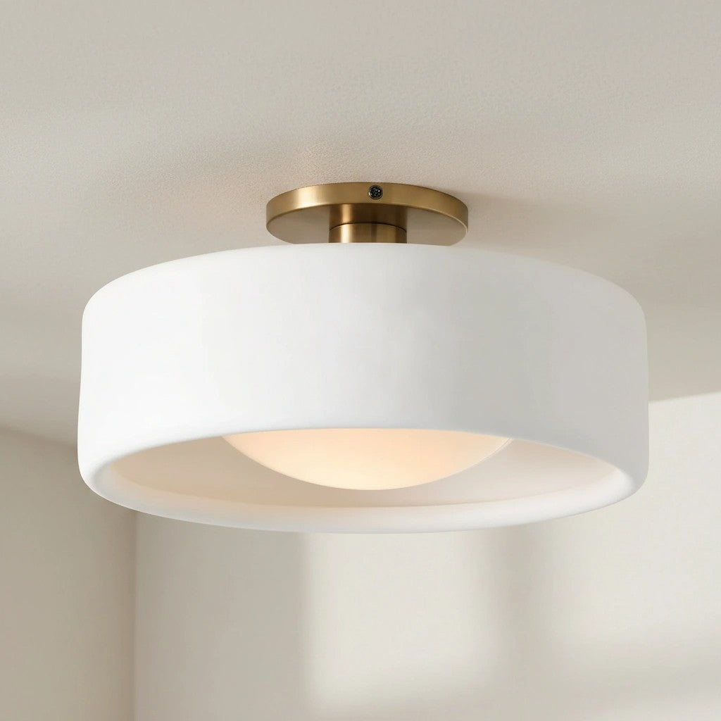 Flush Mount Ceiling Light Modern Ceramic Drum Shade with Brass Fitting