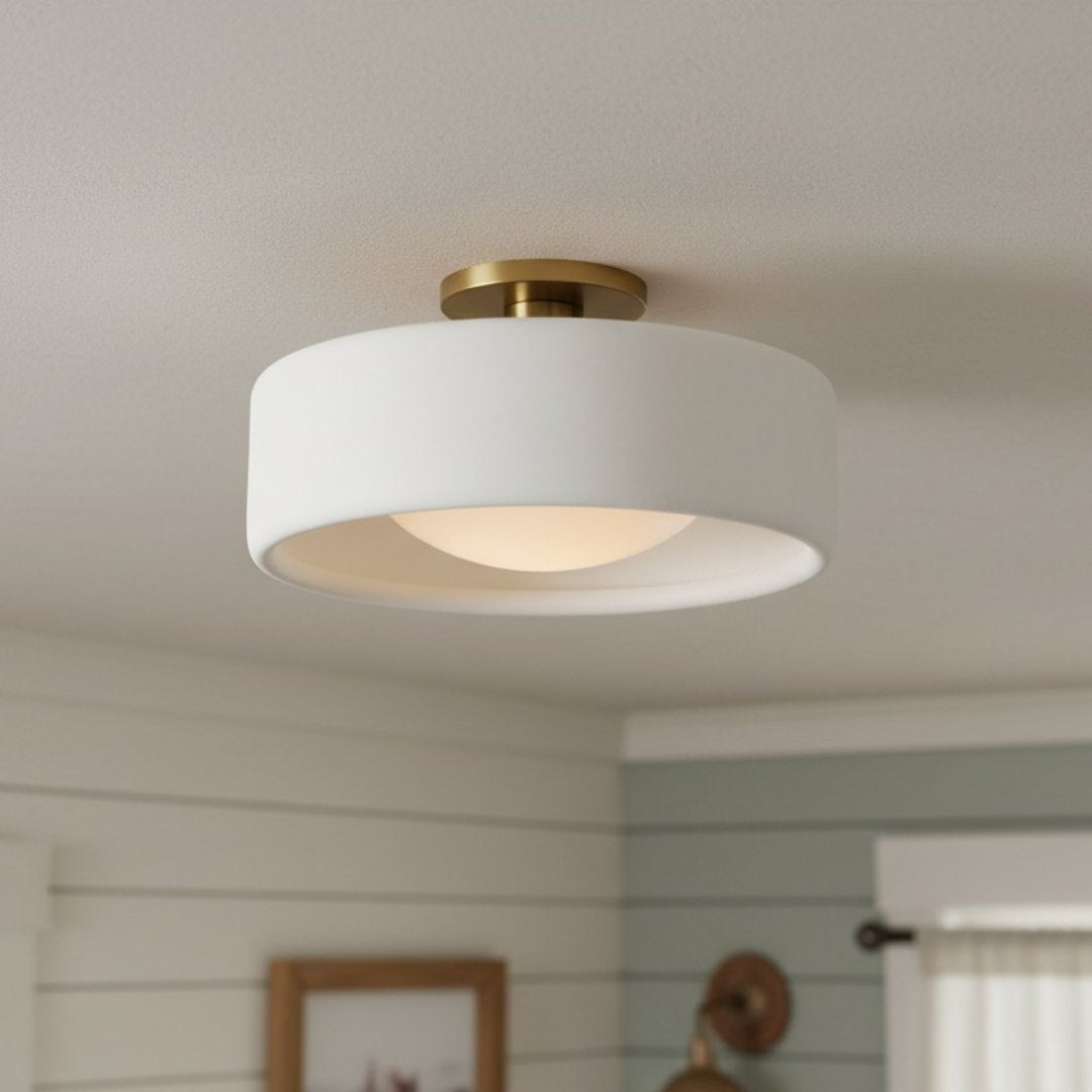 Flush Mount Ceiling Light Modern Ceramic Drum Shade with Brass Fitting