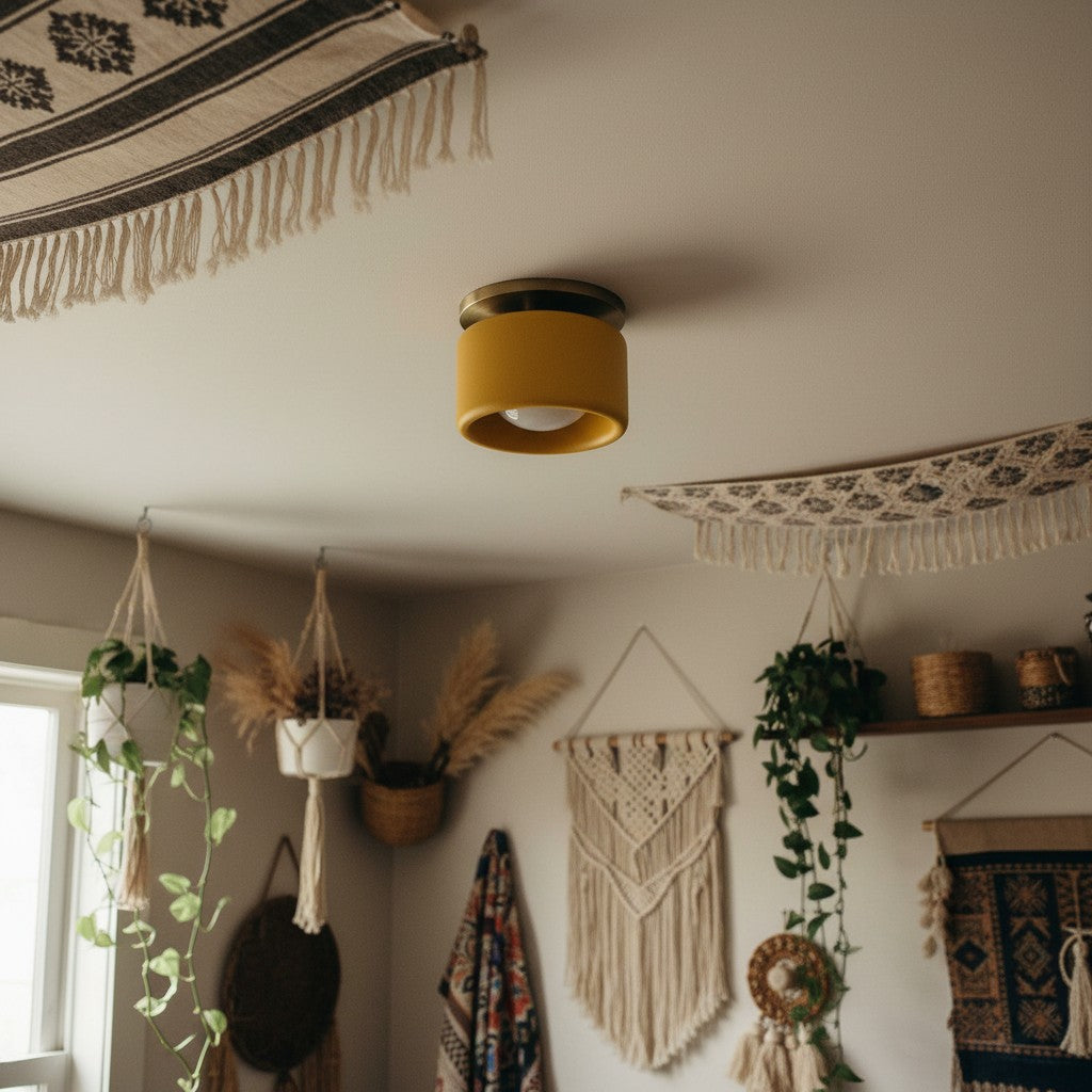 Flush Mount Ceiling Light Modern Ceramic Drum Shade with Brass Fitting
