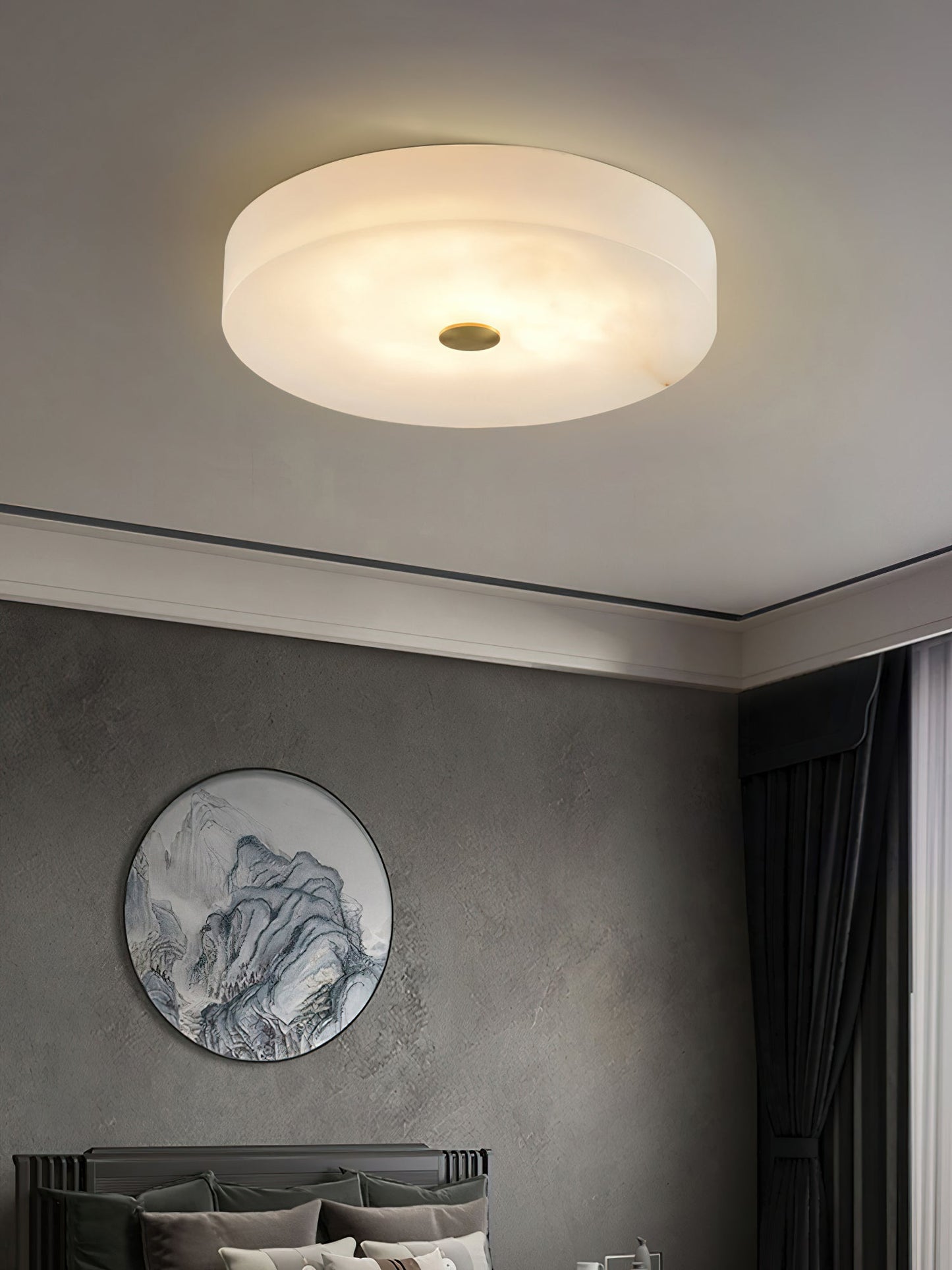 Flush Mount Ceiling Light Modern Minimalist with Alabaster Shade and Brass Detail