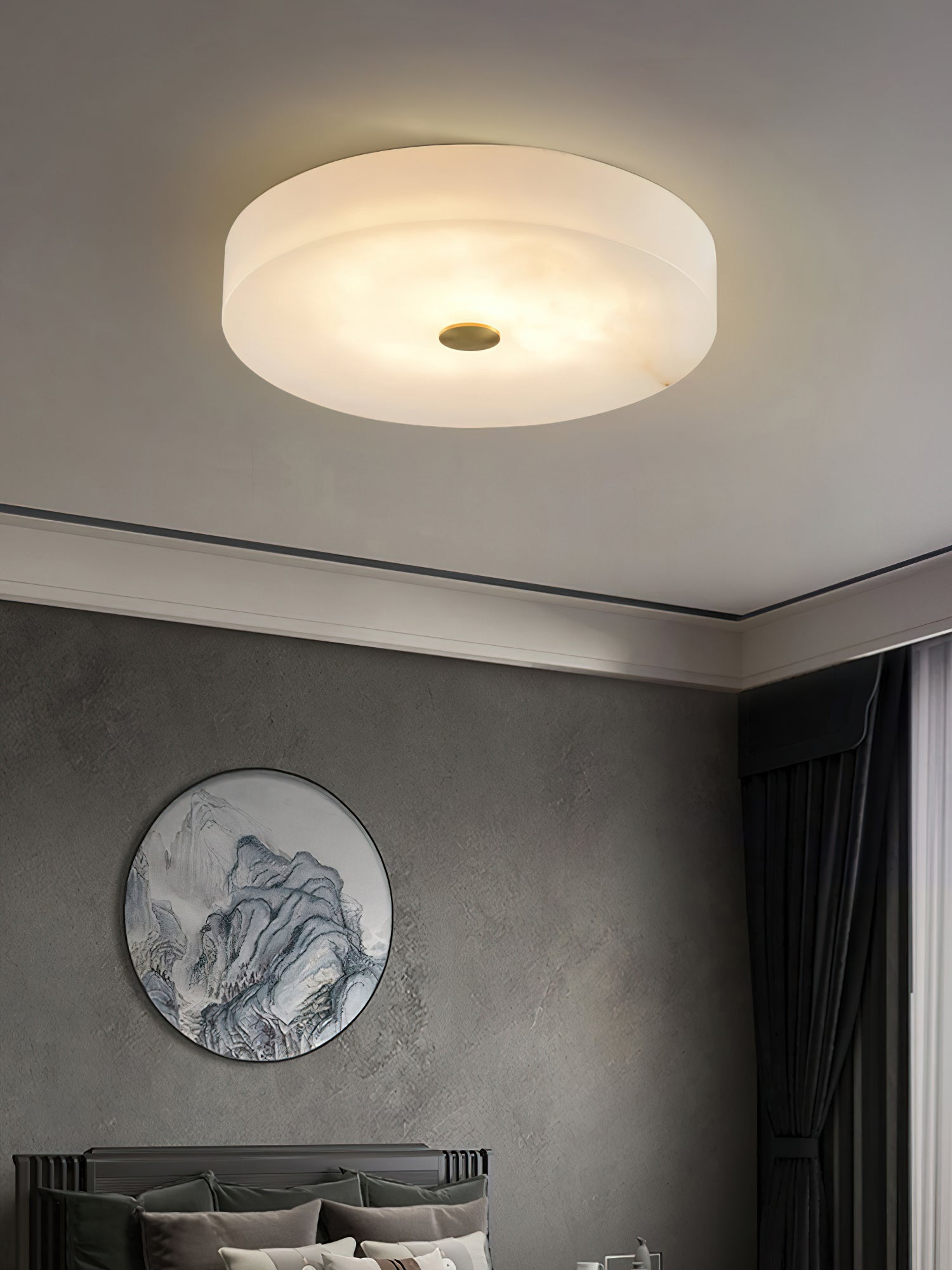 Flush Mount Ceiling Light Modern Minimalist with Alabaster Shade and Brass Detail