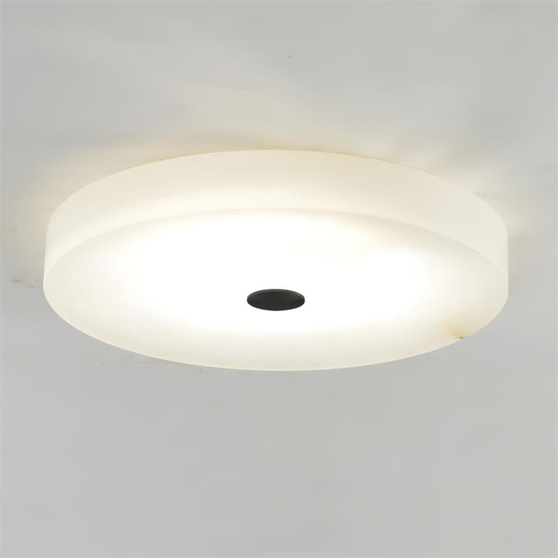 Flush Mount Ceiling Light Modern Minimalist with Alabaster Shade and Brass Detail