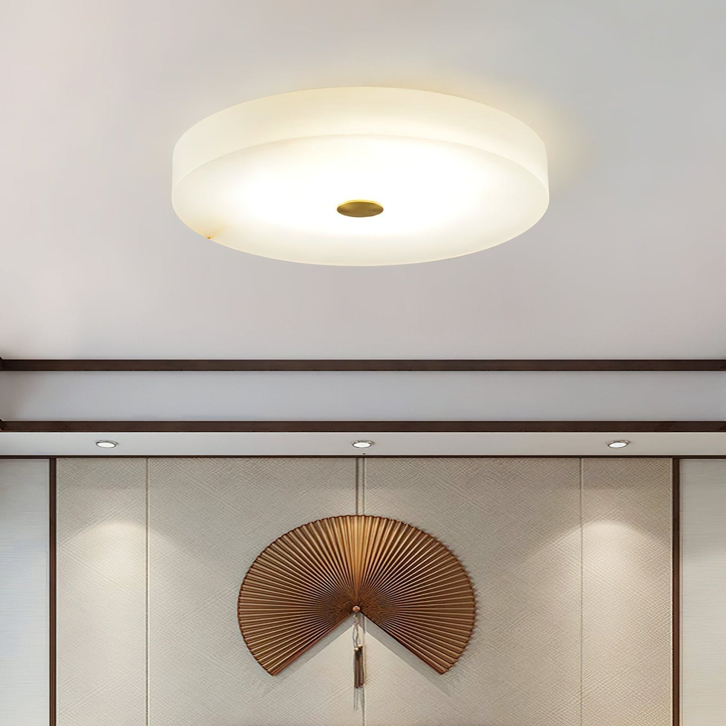 Flush Mount Ceiling Light Modern Minimalist with Alabaster Shade and Brass Detail