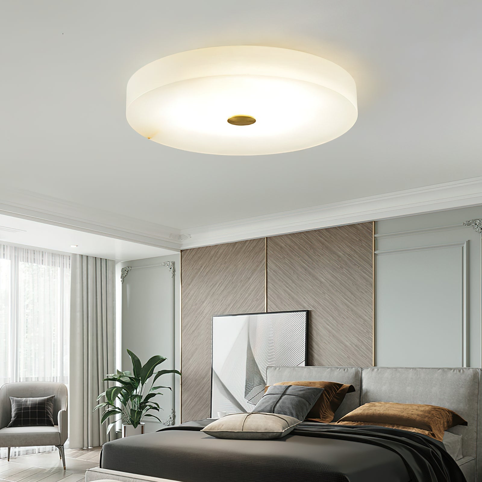 Flush Mount Ceiling Light Modern Minimalist with Alabaster Shade and Brass Detail
